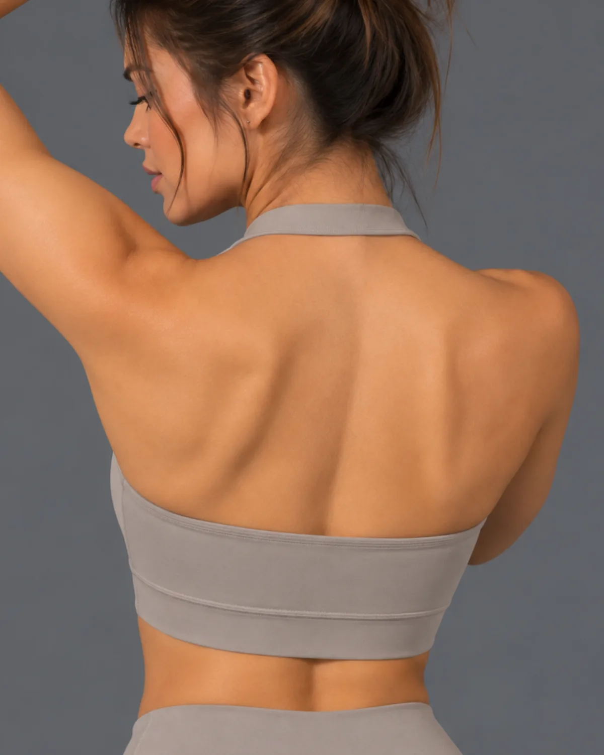 Neovia Sport Bra — Sand Gray, back view